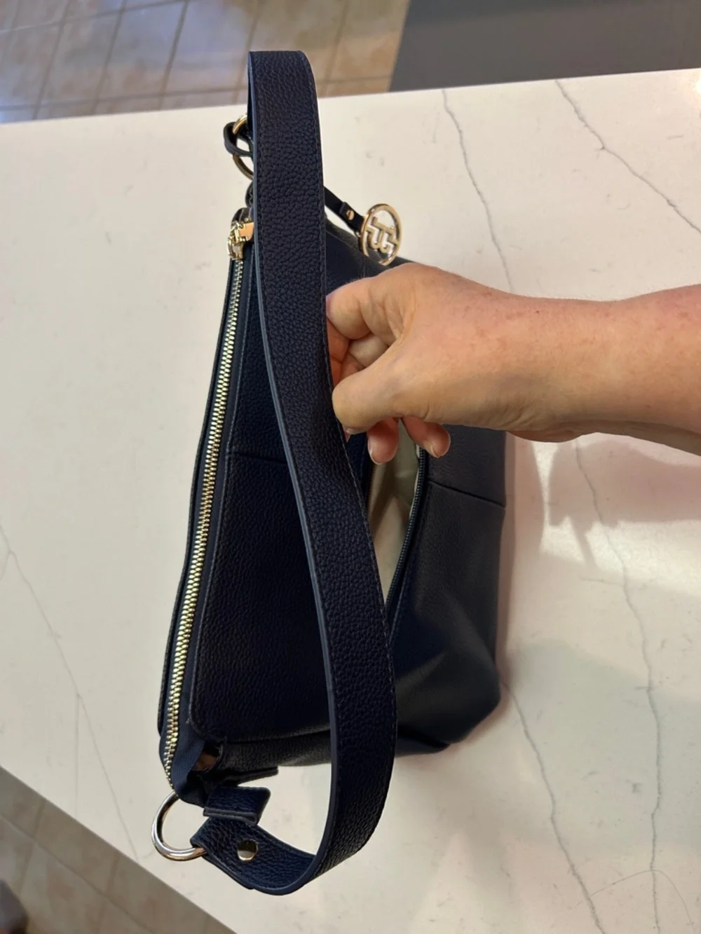 Bostanten Pebbled Navy Shoulder Bag with Gold Charm